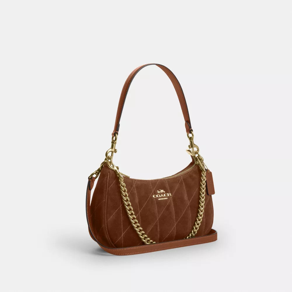 Teri Shoulder Bag With Quilting - Suede/Gold/Warm Brown