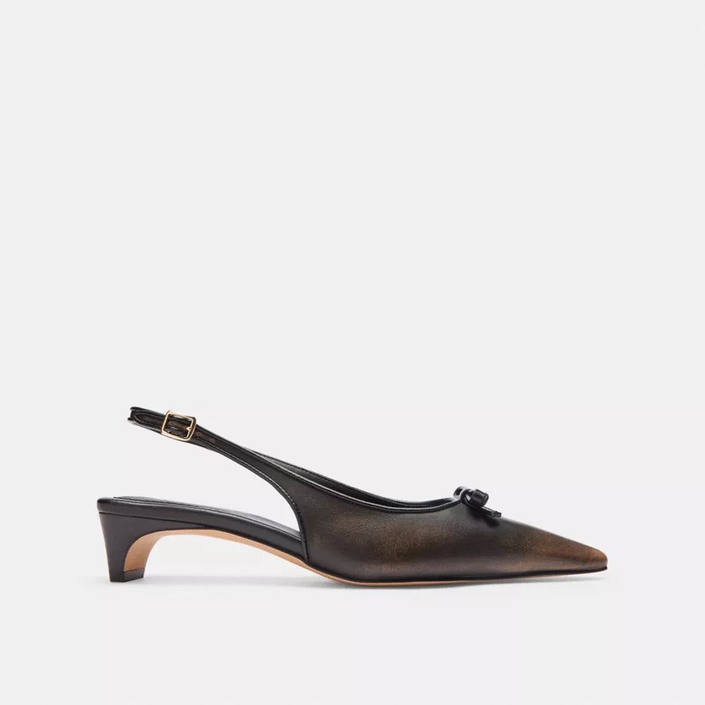 Bow Slingback Heel In Loved Leather - Black Brown