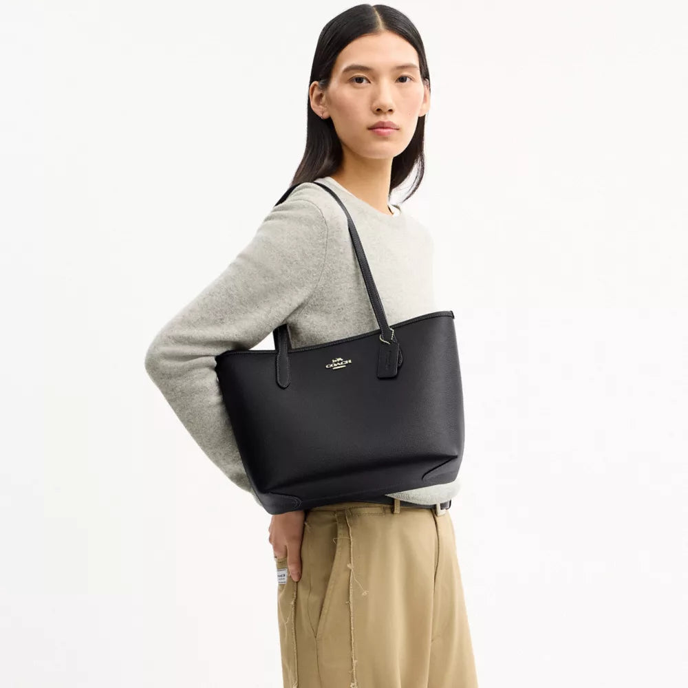Medium City Tote Bag - Pebbled Leather/Gold/Black