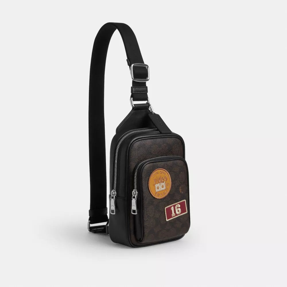 Racer Sling Pack In Signature Canvas With Patches - Signature Canvas/SV/Walnut/Black