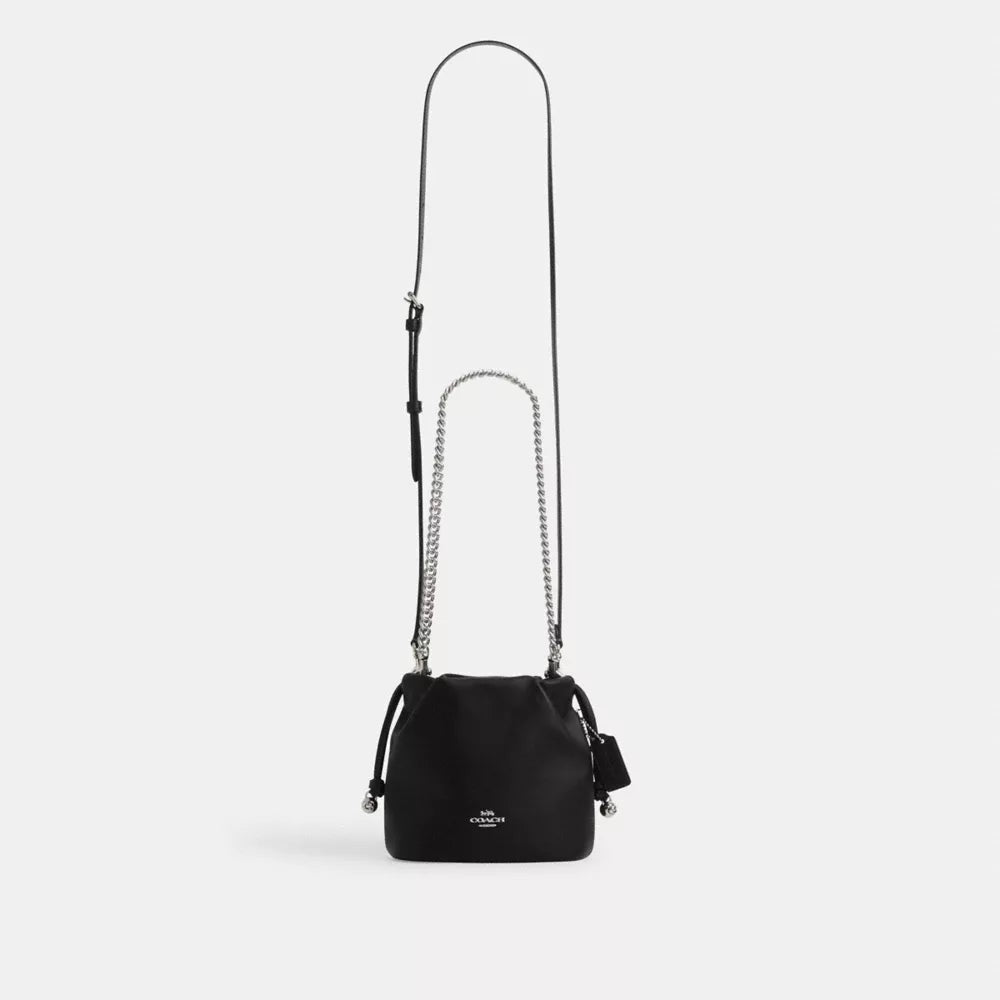 Faye Mini Drawstring Bag - Smooth Leather/Silver/Black
