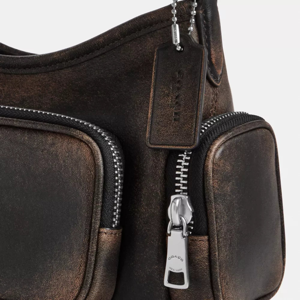 Laurel Shoulder Bag 22 With Pockets In Loved Leather - Silver/Black Brown
