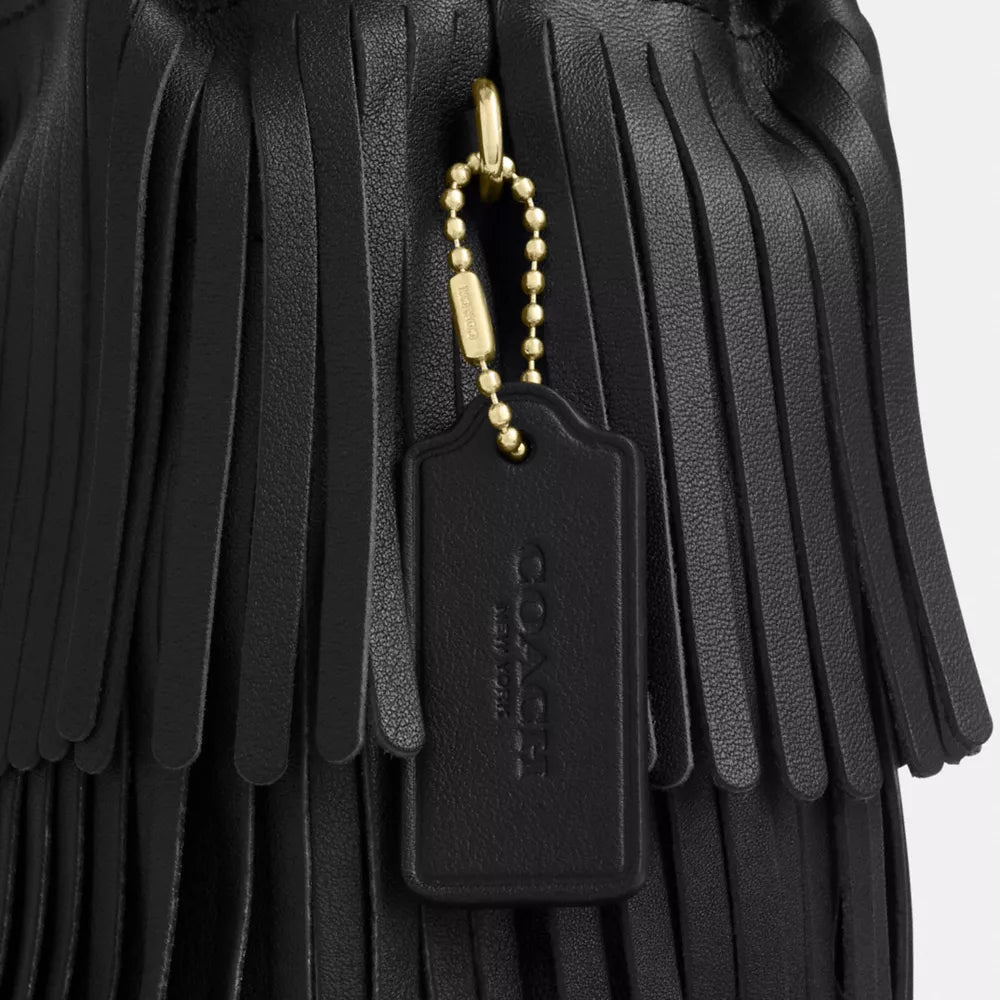 Faye Mini Drawstring Bag With Fringe - Leather/Gold/Black