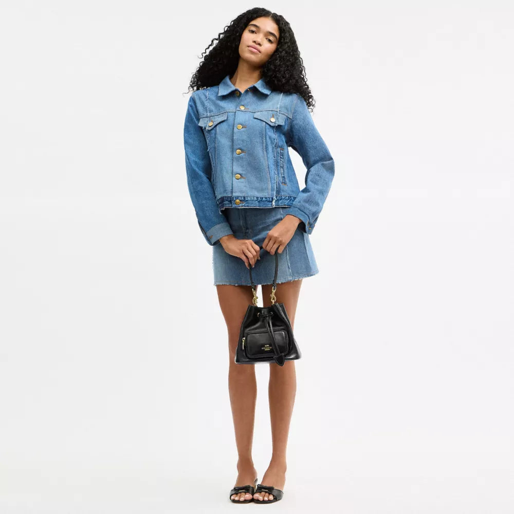 Rowan Bucket Bag With Pocket - Crinkle Leather/Gold/Black