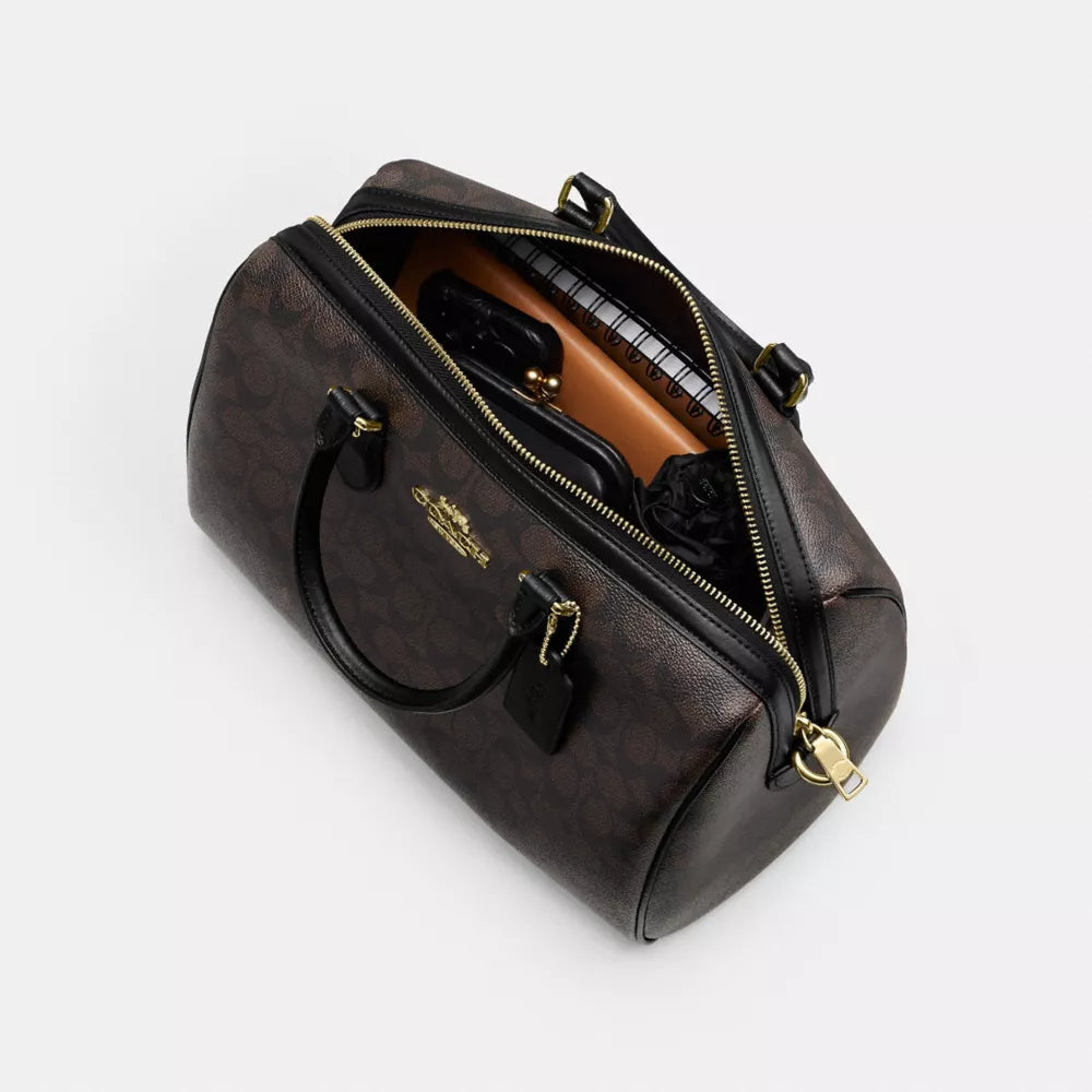 Rowan Large Satchel Bag In Signature Canvas - Signature Canvas/Gold/Walnut/Black