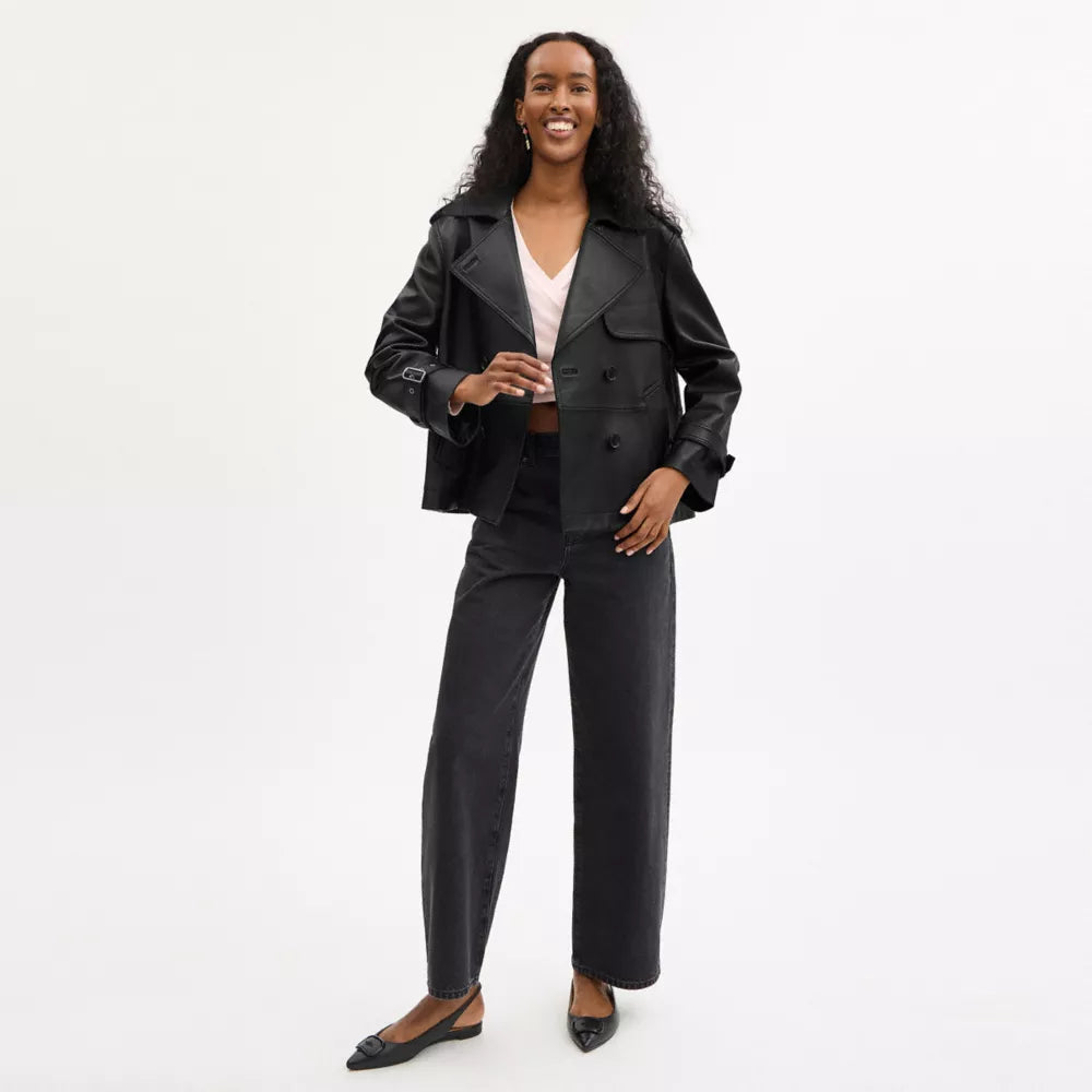 Mini Leather Trench Coat - Black