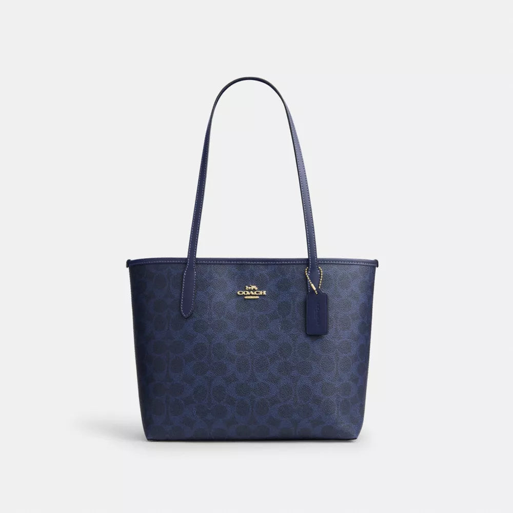Medium City Tote Bag In Signature Canvas - Gold/Navy