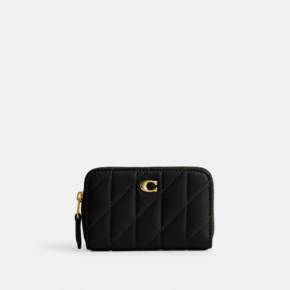 Essential Small Zip Around Card Case With Pillow Quilting - Smooth Leather/Brass/Black