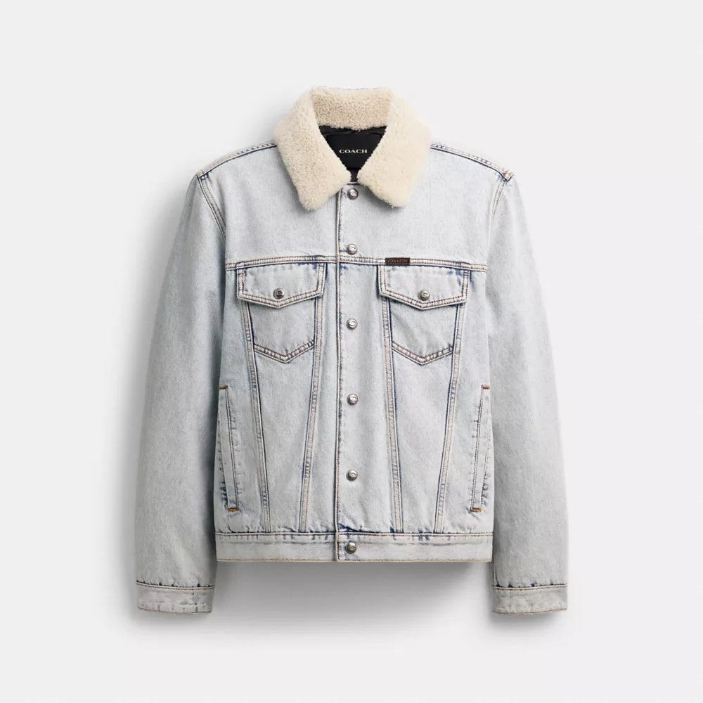 Denim Jacket With Shearling Collar - Light Wash