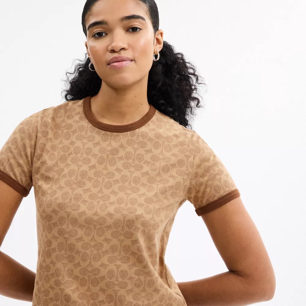 Signature Ringer T-Shirt In Organic Cotton - Tan Signature
