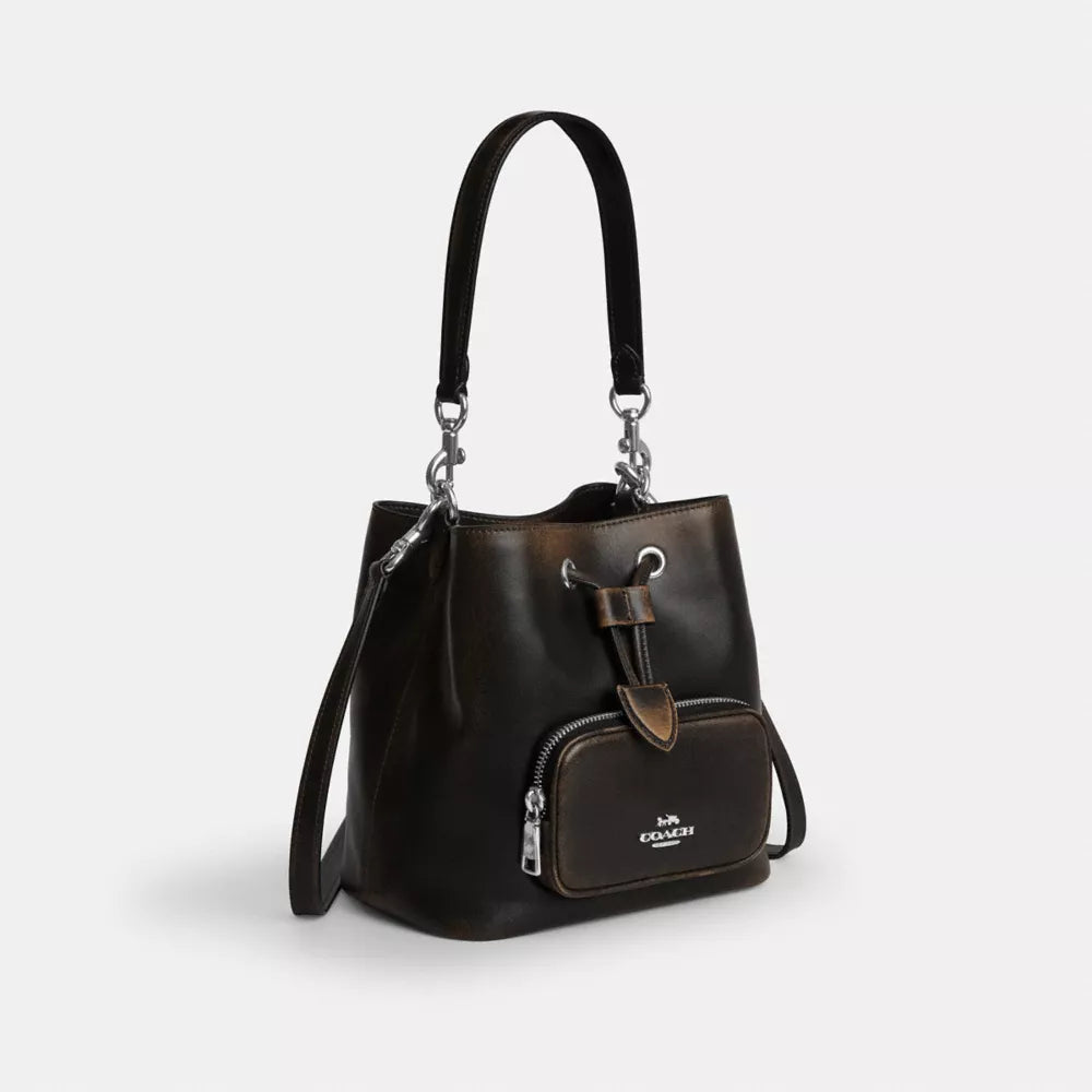 Rowan Bucket Bag With Pocket In Loved Leather - Silver/Black Brown