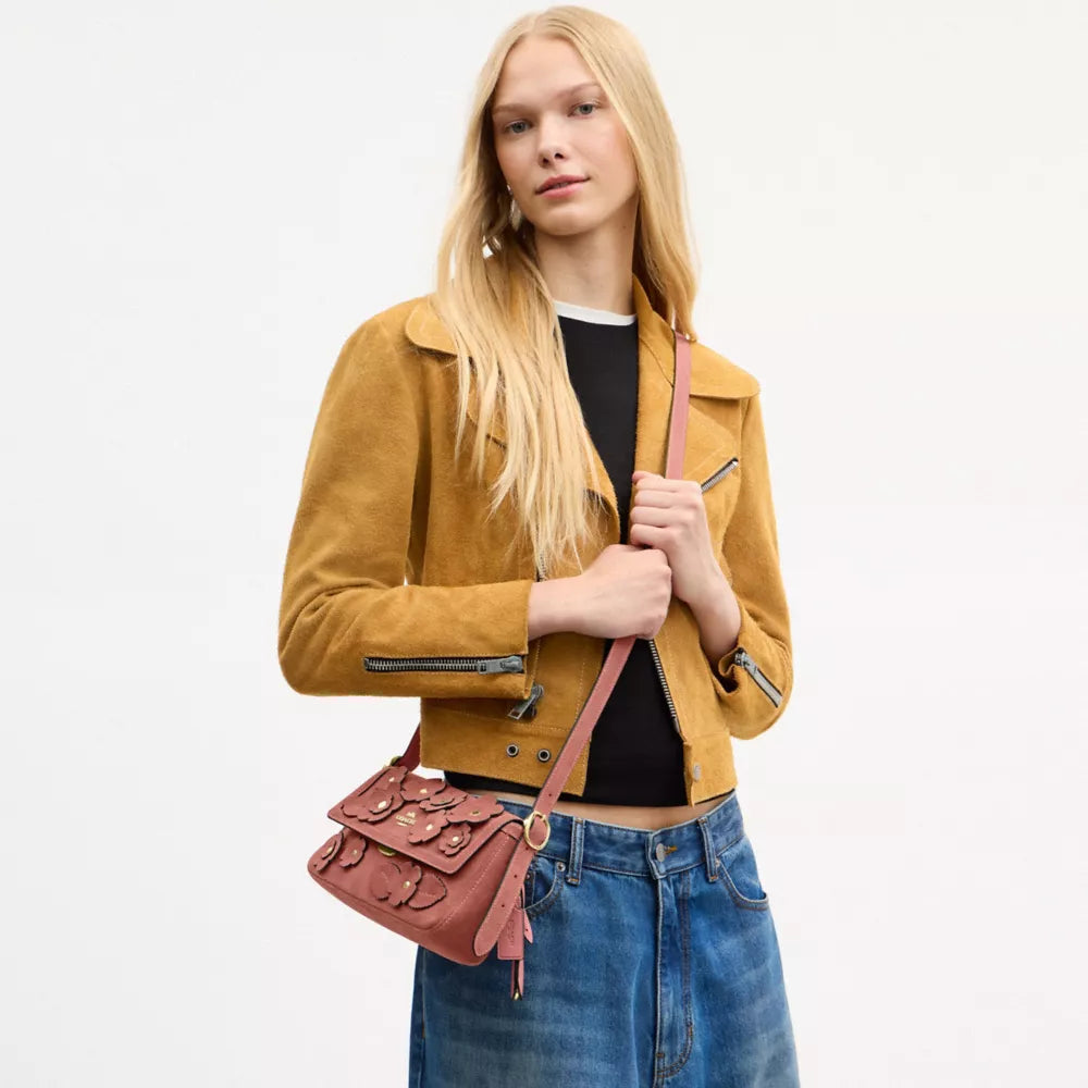 Etta Small Flap Shoulder Bag With Floral Appliquﾨﾦ - Gold/Blush Pink
