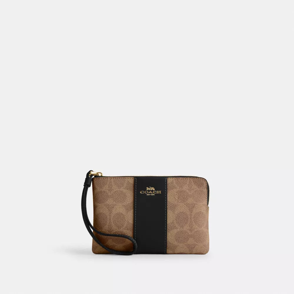 Corner Zip Wristlet In Signature Canvas With Stripe - Gold/Tan/Black