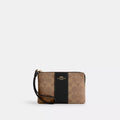 Corner Zip Wristlet In Signature Canvas With Stripe - Gold/Tan/Black