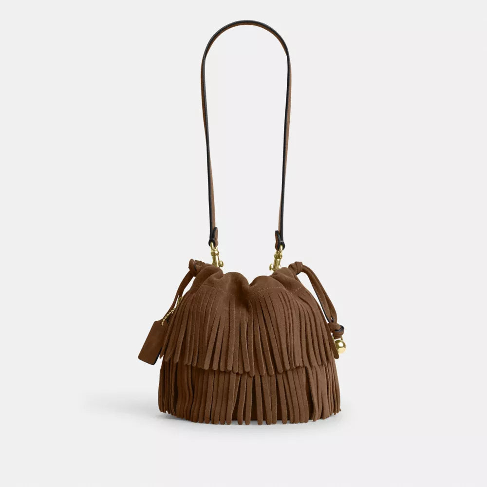 Faye Mini Drawstring Bag With Fringe - Suede/IM/Cedar