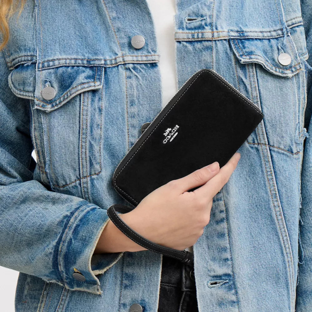 Long Zip Around Wallet - Suede/Silver/Black