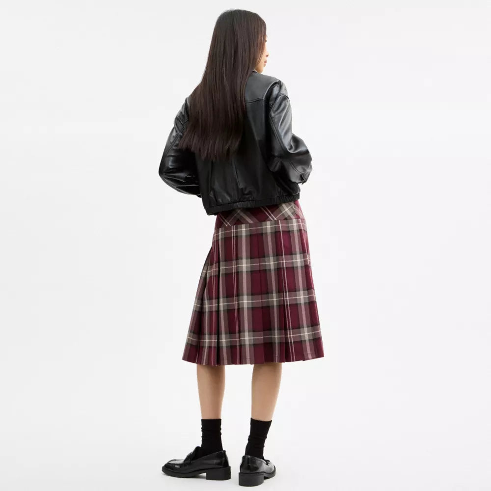 Pleated Plaid Midi Skirt - Merlot/Grey