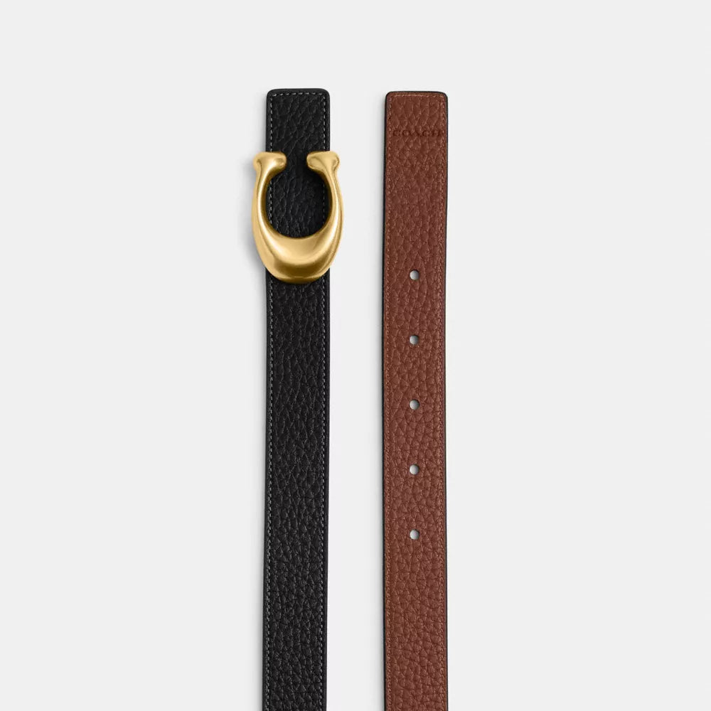 Sculpted C Buckle Reversible Belt, 25MM - Brass/Black Redwood