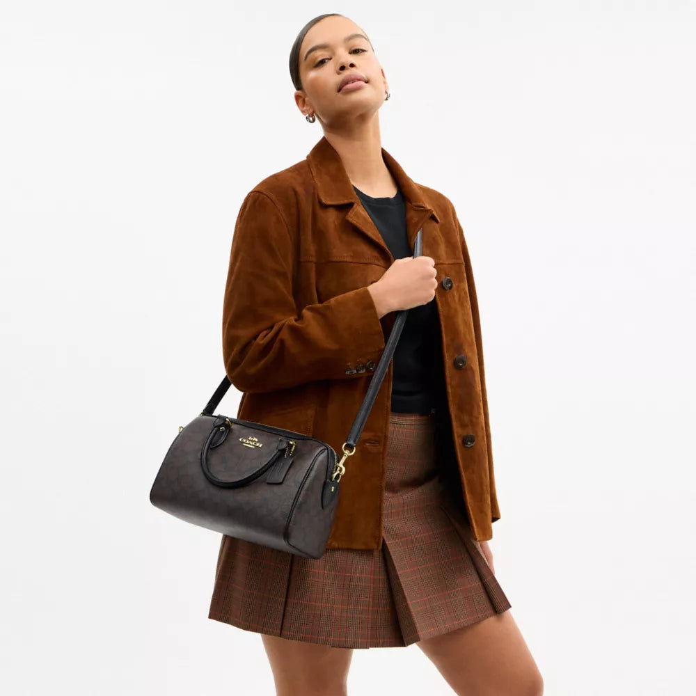 Rowan Satchel Bag In Signature Canvas - Signature Canvas/Gold/Walnut/Black