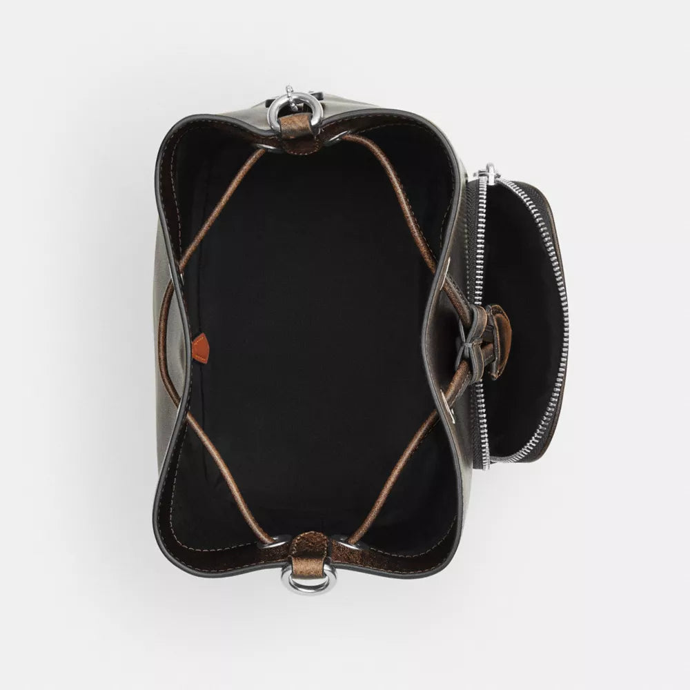 Rowan Bucket Bag With Pocket In Loved Leather - Silver/Black Brown