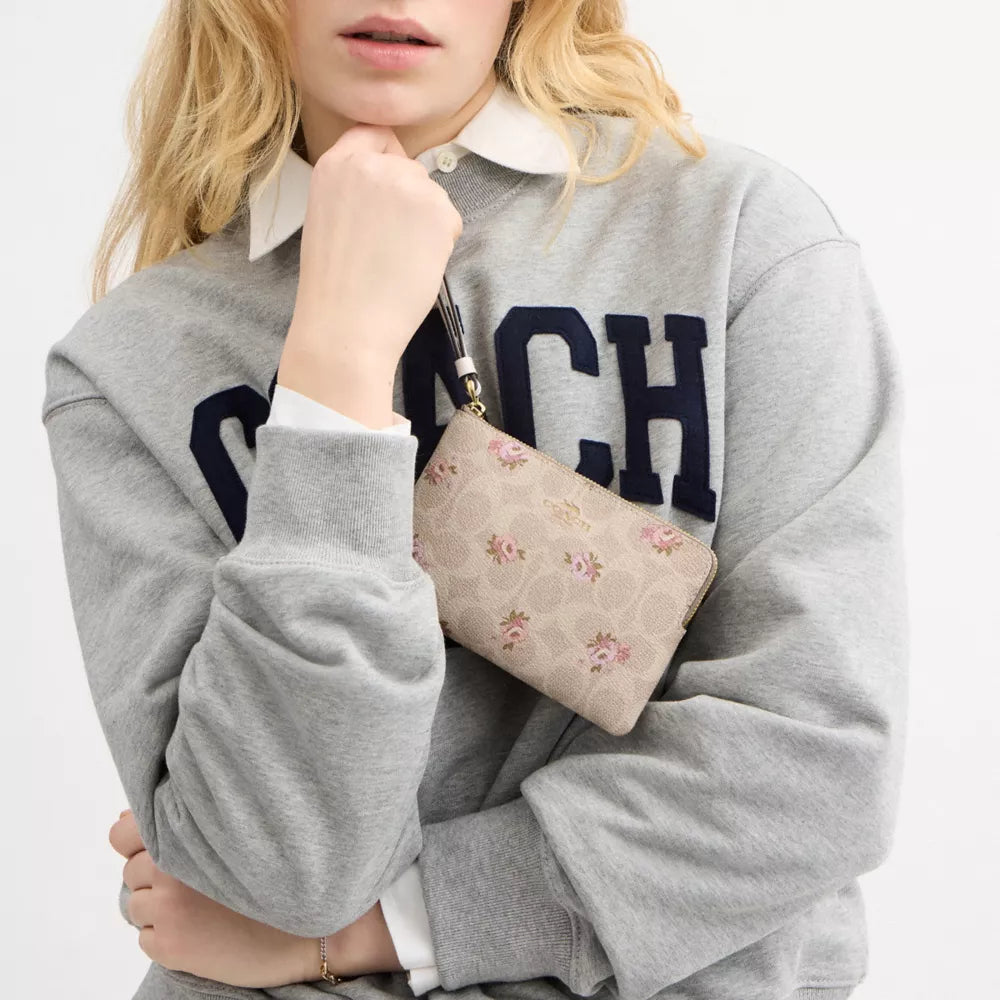 Corner Zip Wristlet In Signature Canvas With Floral Print - Gold/Sand Multi