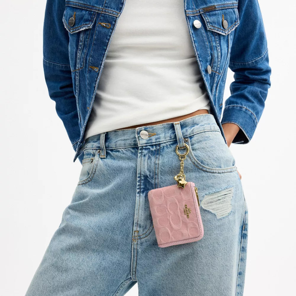 Small Corner Zip Wallet In Signature Denim With Charms - Denim/Gold/Light Pink