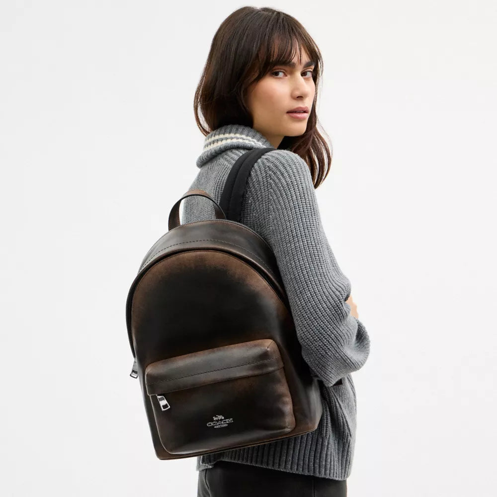 Taylor Small Backpack In Loved Leather - Silver/Black Brown