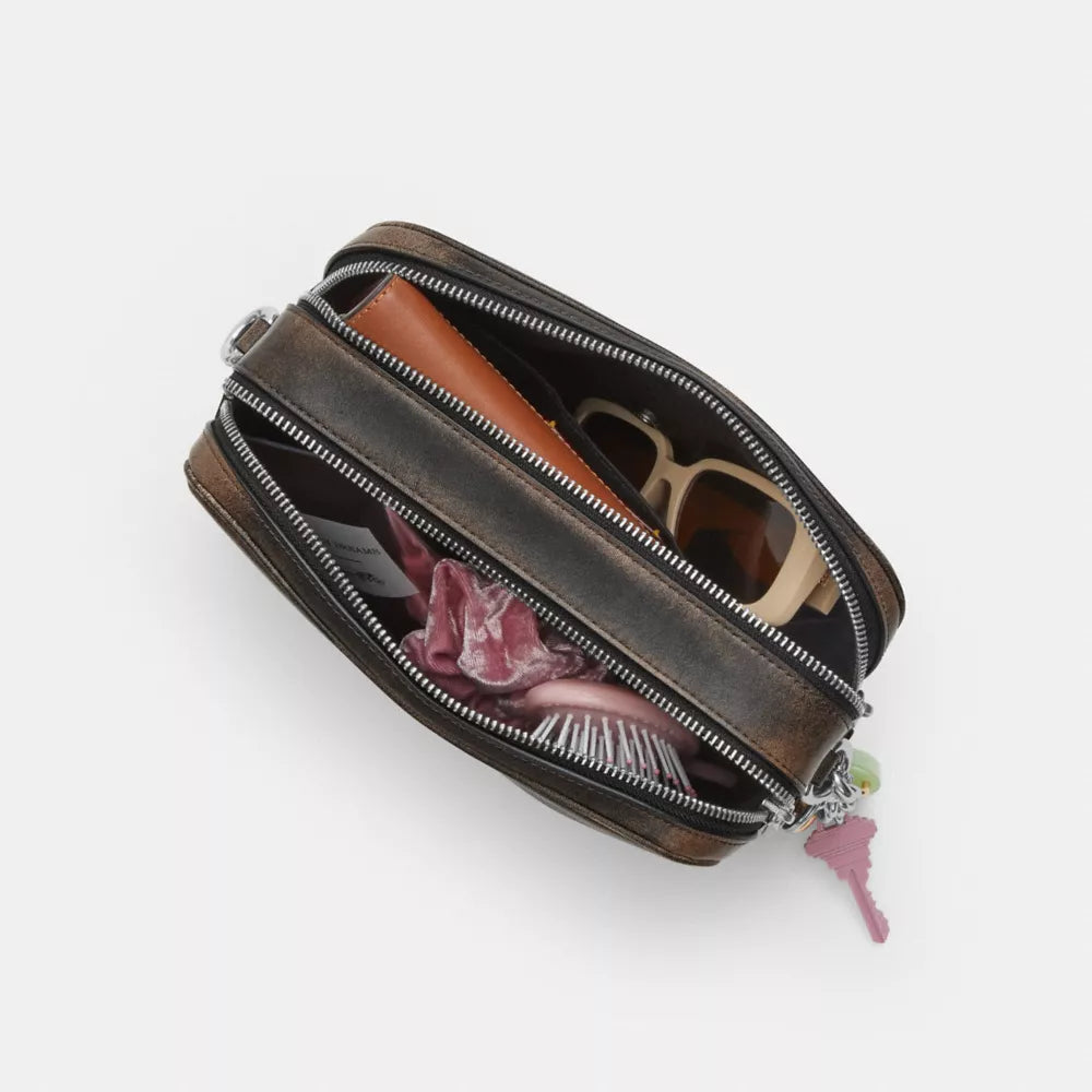 Carey Crossbody Bag In Loved Leather - Silver/Black Brown