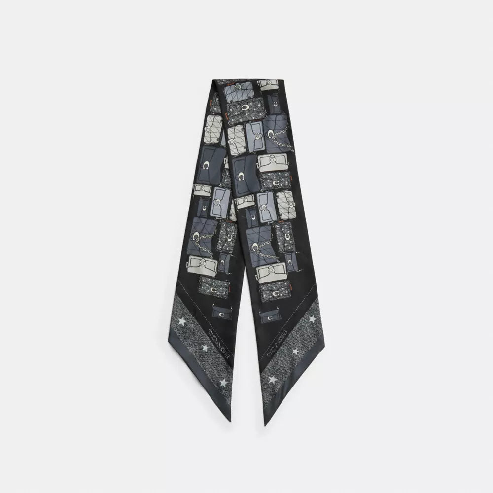 Stacked Tabby Star Print Silk Skinny Scarf - Black