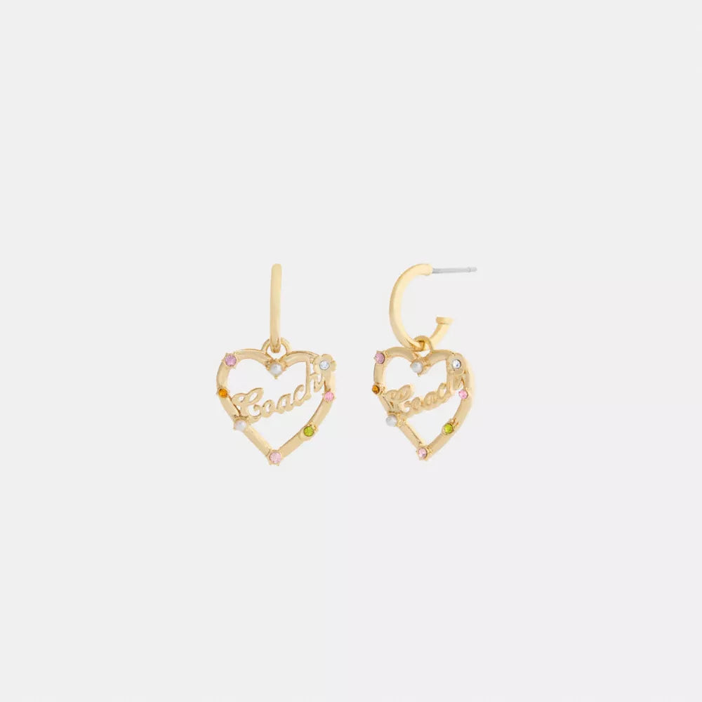 Coach Script Heart Hoop Earrings - Gold/Multi