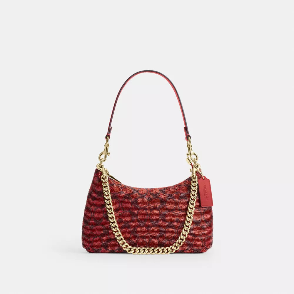 Teri Shoulder Bag In Signature Beaded Satin - Beaded Signature/Gold/Crimson