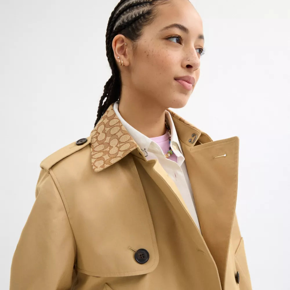 Short Trench Coat With Signature Collar - Khaki