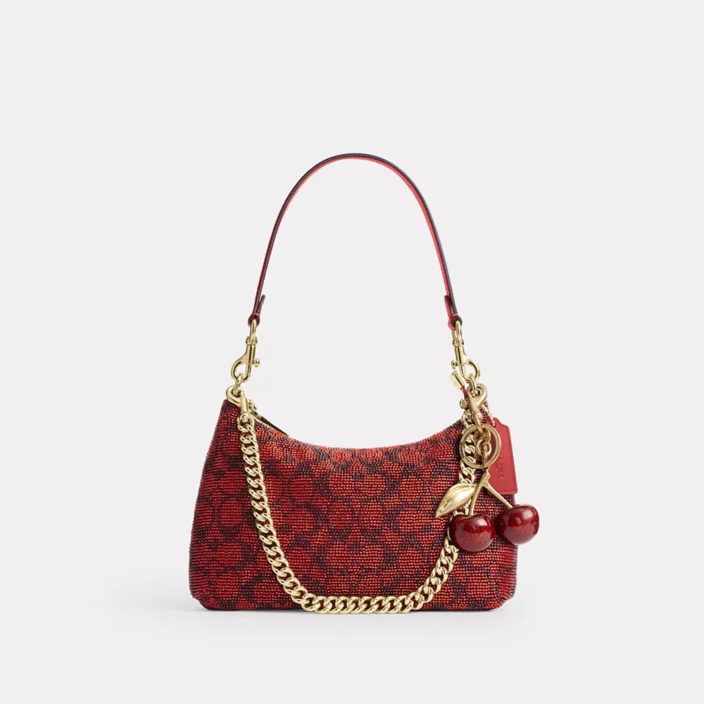 Teri Shoulder Bag In Signature Beaded Satin - Beaded Signature/Gold/Crimson