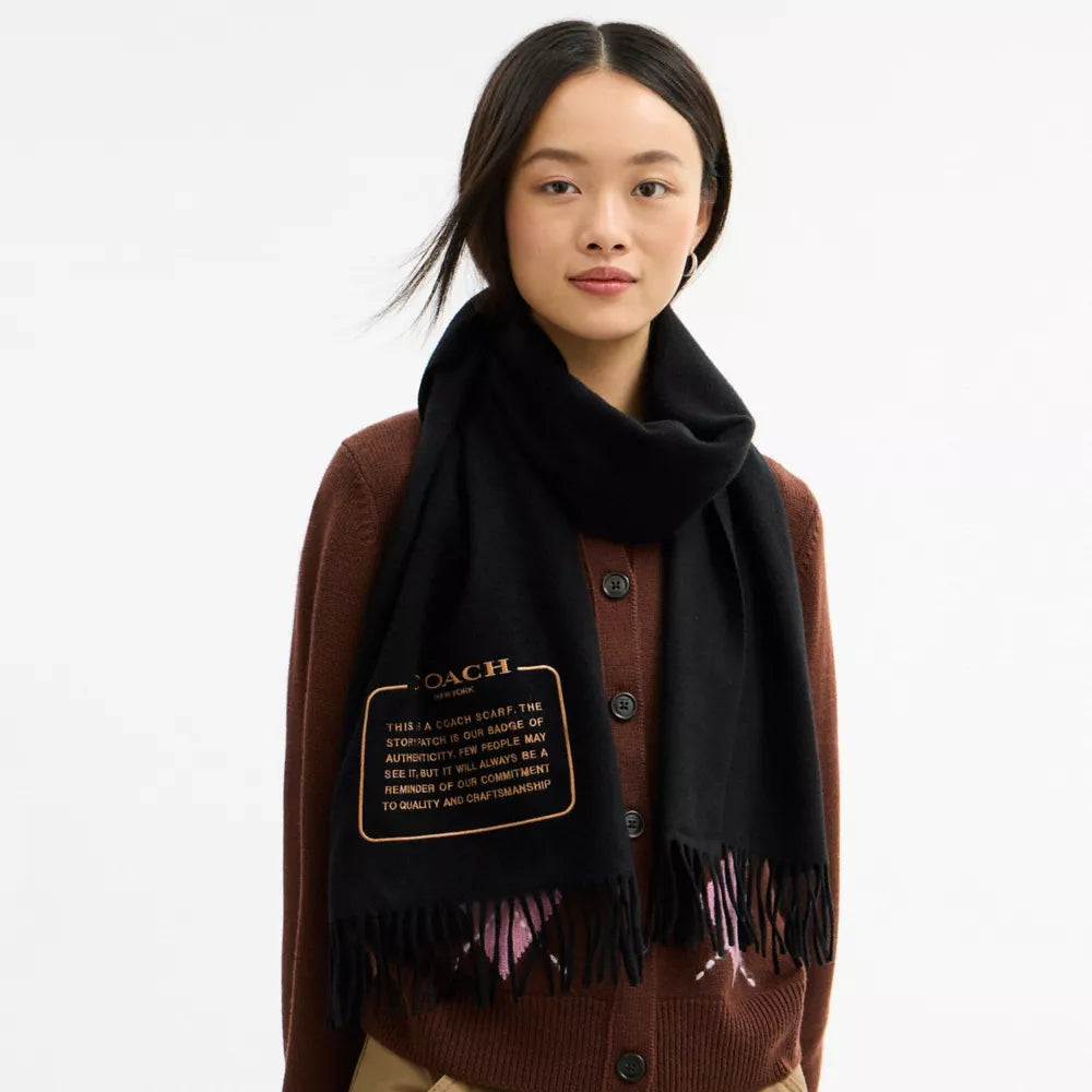 Embroidered Patch Cashmere Muffler - Black