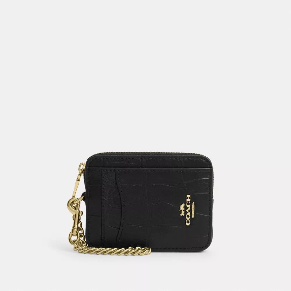 Zip Card Case - Embossed Crocodile/Gold/Black