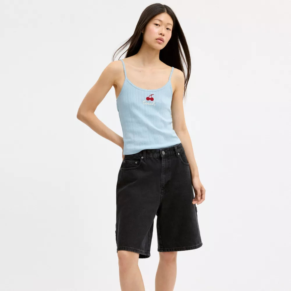 Cherry Pointelle Tank - Blue