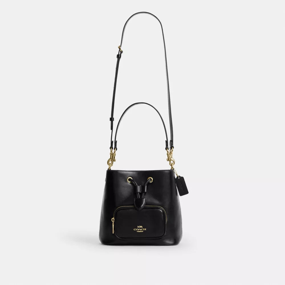 Rowan Bucket Bag With Pocket - Crinkle Leather/Gold/Black