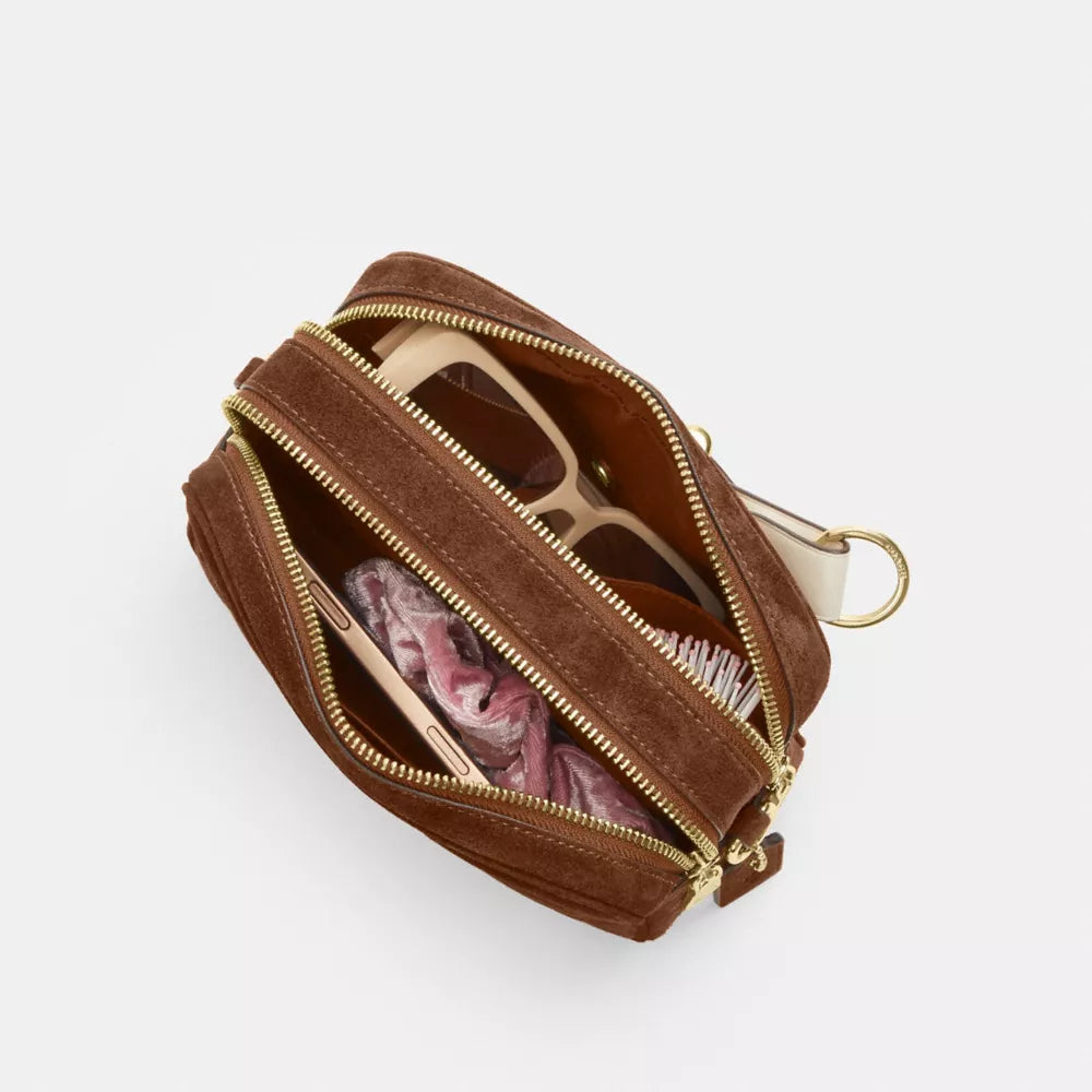 Mini Carey Crossbody Bag - Suede/Gold/Warm Brown