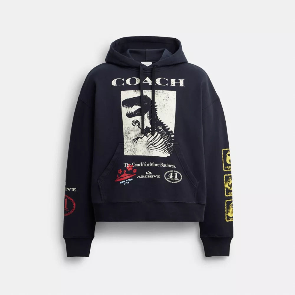 Dinosaur Collage Relaxed Hoodie In Organic Cotton - Navy Blue