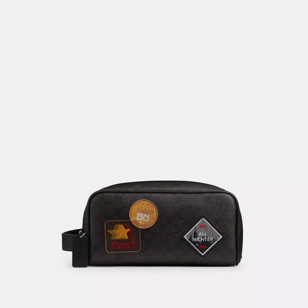 Large Travel Kit In Signature Canvas with Patches - Signature Canvas/SV/Walnut/Black
