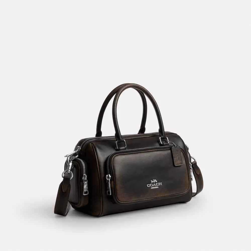 Rowan Satchel Bag With Pockets In Loved Leather - Silver/Black Brown