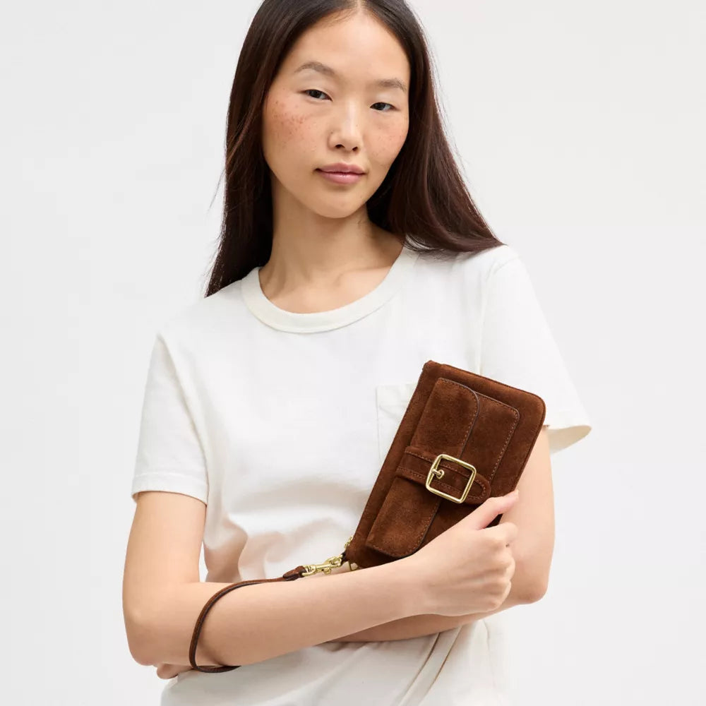 Ashton Wristlet - Suede/Gold/Warm Brown