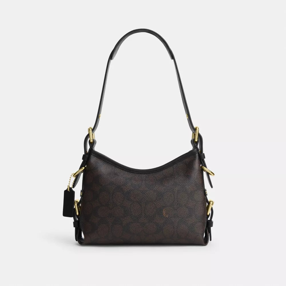 Laurel Shoulder Bag 22 With Buckles In Signature Canvas - Signature Canvas/Gold/Walnut/Black